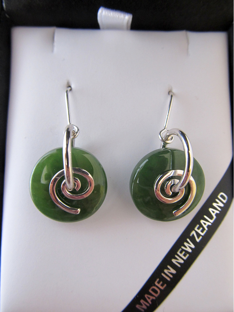 NN5050 Smooth round greenstone earrings with silver koru.