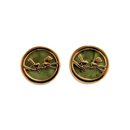 Fantail Round Stud Earrings with Pounamu and Gold